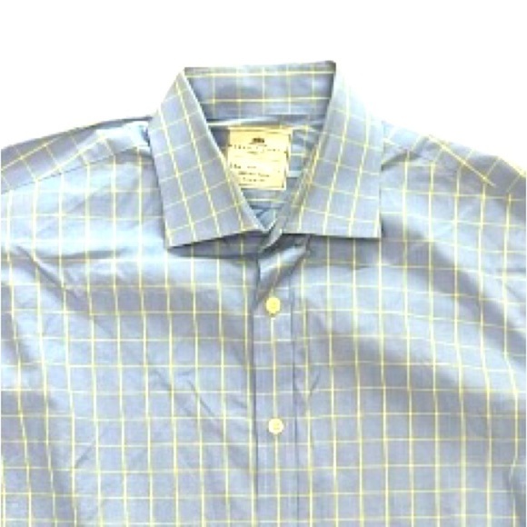 Hawes & Curtis 100% Cotton Blue White Micro Houndstooth Yellow Plaid Sz 16.5 34 - Picture 1 of 9